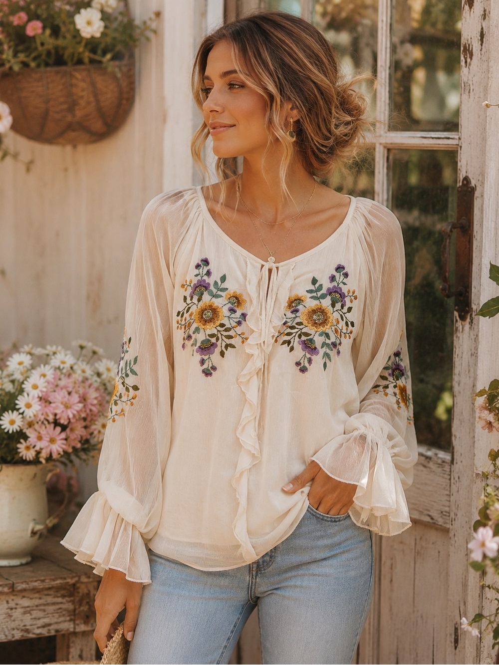 Cato Embroidered Floral Sheer Sleeve Boho Blouse 18/20W Boho Cottagecore